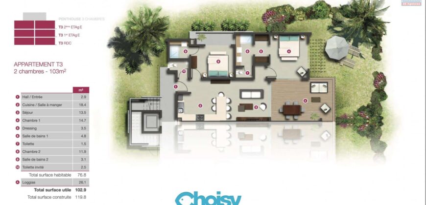 Bel appartement de 103 m2 éligible aux étrangers, Mont Choisy